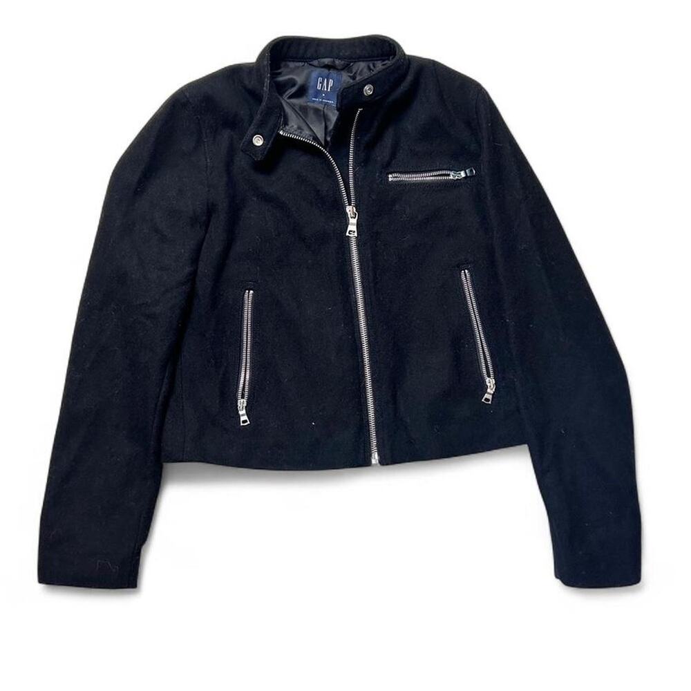 GAP Black Recycled Wool Crop Moto Biker Jacket Zipper Pockets Medium
